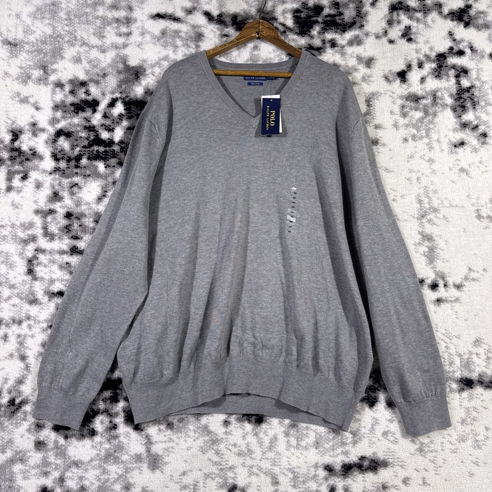 Polo Ralph Lauren Mens Gray Pima Cotton V-Neck Sweater 3XB NWT